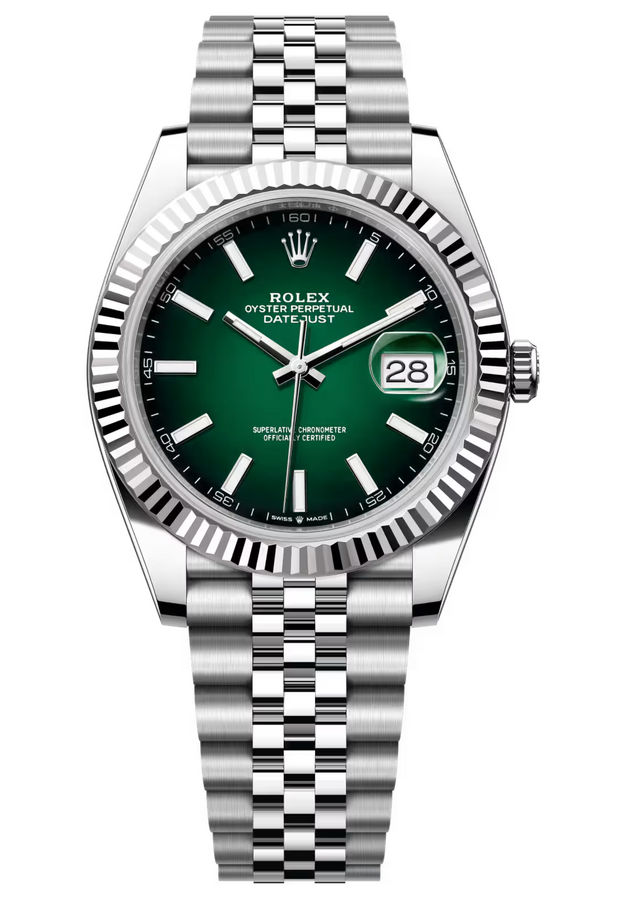 Rolex Datejust 41 mm White Rolesor Green Ombre Dial 126334 Jubilee