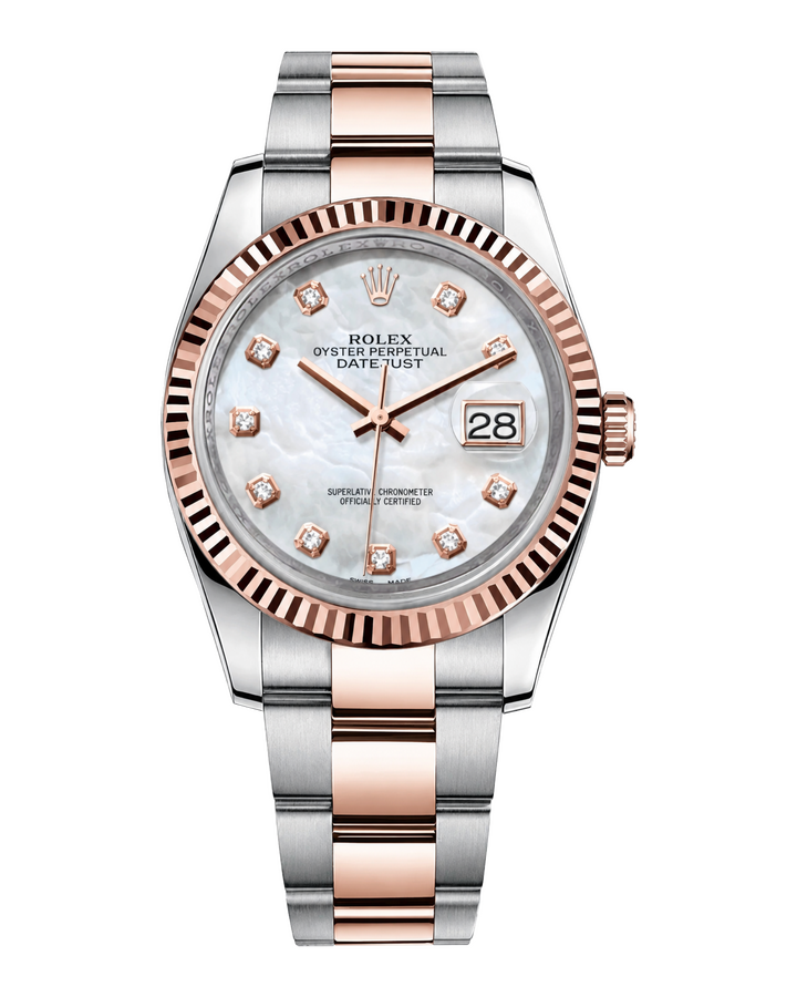 Rolex Datejust 36 mm Everose Rolesor White Mother-of-Pearl Set With Diamonds Dial 116231