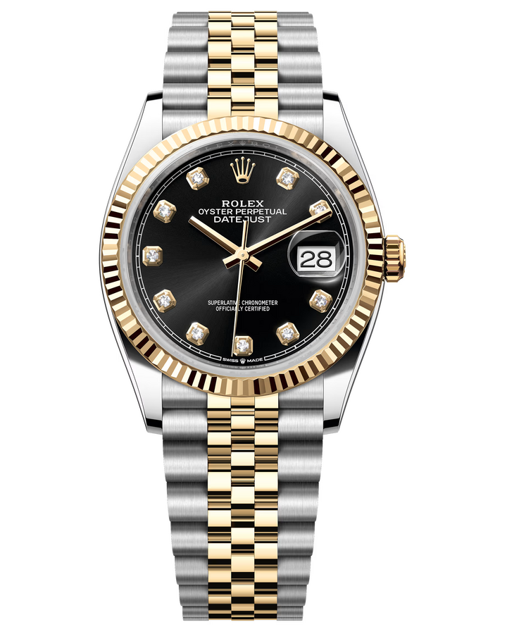 Rolex Datejust 36 mm Yellow Rolesor Bright Black Diamond-set Dial 126233 Jubilee