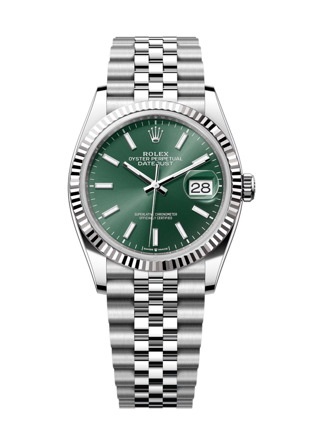 Rolex Datejust 36 mm White Rolesor Mint Green Dial 126234 Jubilee