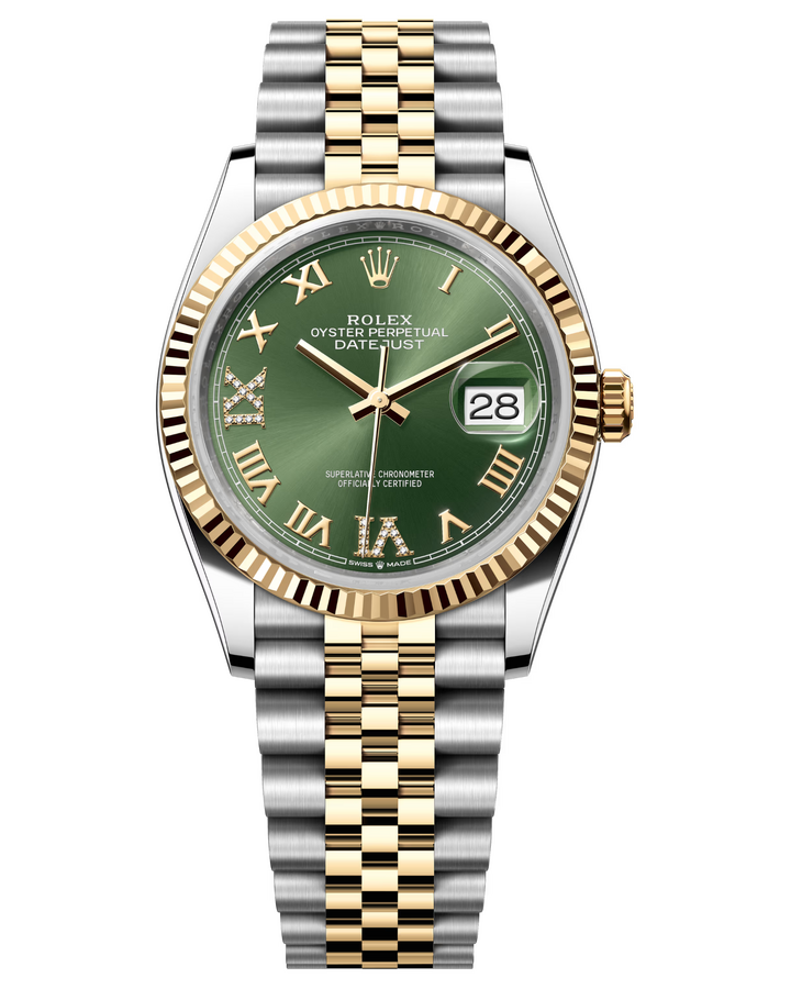 Rolex Datejust 36 mm Yellow Rolesor Olive Green Diamond-set Dial 126233 Jubilee