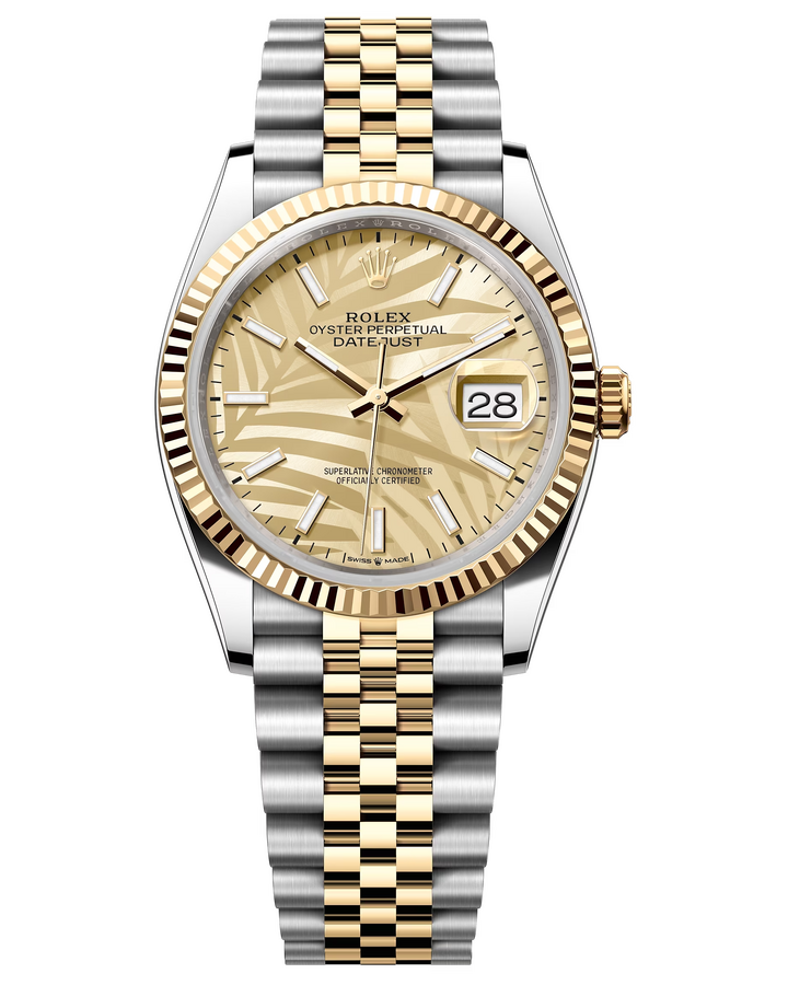Rolex Datejust 36 mm Yellow Rolesor Champagne Palm Motif Dial 126233 Jubilee