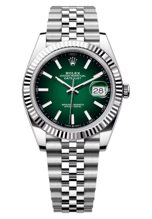 Rolex Datejust 41 mm White Rolesor Green Ombre Dial 126334 Jubilee