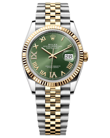 Rolex Datejust 36 mm Yellow Rolesor Olive Green Diamond-set Dial 126233 Jubilee