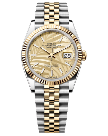 Rolex Datejust 36 mm Yellow Rolesor Champagne Palm Motif Dial 126233 Jubilee